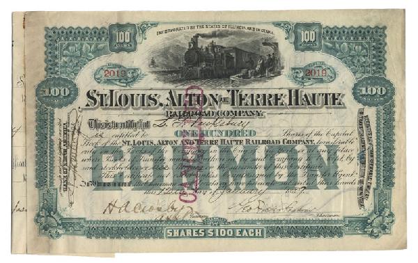George Foster Peabody Signs Railroad Stock: 1880's,Illinois and Indiana. Stock certificate for 100 shares of the St. Louis, Alton & Terre Haute RR Co. Issued to and signed on verson by GEORGE FOSTER PEABODY. (1852-1938); banker, philanthropist.