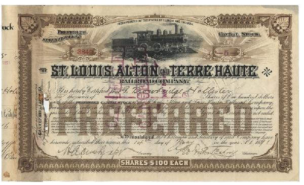 St. Louis, Alton And Terre Haute Railroad Company: 1891, Illinois & Indiana. Stock certificate for 5 shares of the St. Louis, Alton & Terre Haute Railroad Company signed as chairman by George Foster Peabody,(1852 - 1938). Banker, Philanthropist. A mee