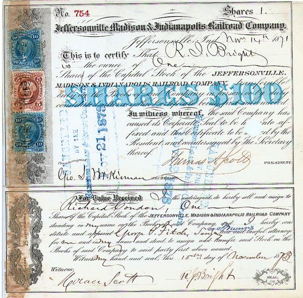 Railroad Stock Signed By Thomas A. Scott: 1873, Indiana. Stock certficate for 1 shares. Sigend by Thomas A. Scott as president. Black/White with blue overlay. Three revenue stamps attached at left. Light glue staining on left side. Punch and