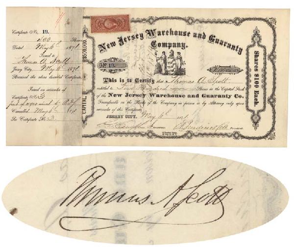 NJ Warehouse & Guaranty Co. I/S Thomas A. Scott: 1871, New Jersey. Stock certificate for 400 shares. Black with attached adhesive revenue at top left. Vignette of the New Jersey state seal. Issued to and signed on verso by Thomas A. Scott (1823-1881