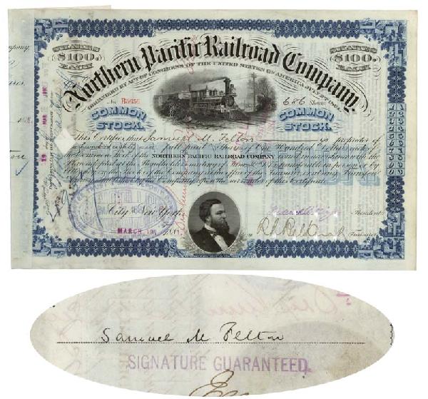 Northern Pacific Issued To Samuel Felton: 1881, New York. Stock certificate for six hundred and eight shares issued to and signed on verso by SAMUEL M. FELTON President of the Philadelphia, Wilmington and Baltimore Railroad. During the Civil 
