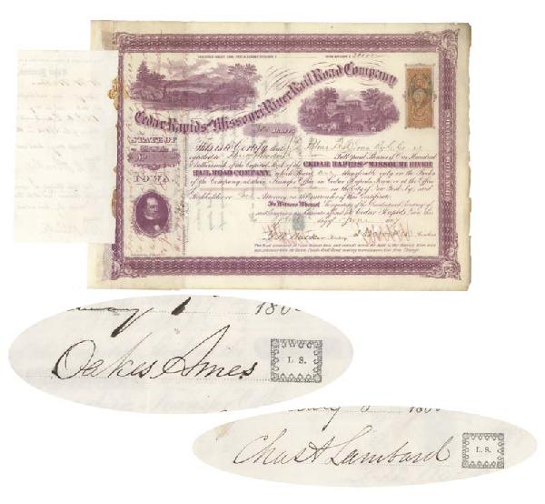 Cedar Rapids & Missouri RR Co. - John I. Blair: 1867, Iowa. Stock certificate for 300 shares in the Cedar Rapids and Missouri River Rail Road Company. Purple. Wonderful multi-vignetted certificate depicting steam locomotives; portrait of John Blair