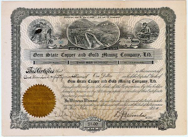 Gem State Copper & Gold Mining Company, Ltd.: 19 , Idaho. Unissued stock certificate for 100 shares. Black with gold seal. Vignette of mining scene flanked by miners at work at top of certificate. Uncancelled. Very fine.