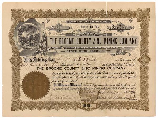 The Broome County Zinc Mining Company: 1916, New York. Stock certificate for 3,000 shares. Gold/Black. Vignette of two miners at top left. Litho. Uncancelled archival tape on verso and fine.