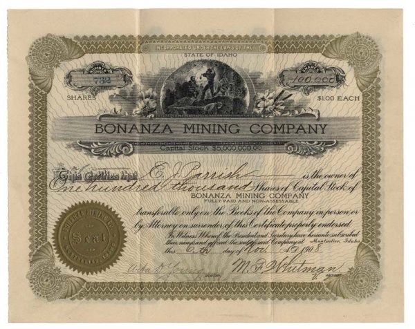 Bonanza Mining Co.: 1908, Idaho. Stock certificate for 100,000 shares. Gold/Black. Vignette at top center of miners at work. Uncancelled and extremely fine.