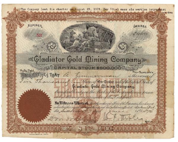Gladiator Gold Mining Co.: 1896, Washington. Stock certificate for 5,000 shares. Brown/Black. Top center vignette of miners at work. Small vignette at bottom in brown of miners. Overall age toning with some spots, folds splits 