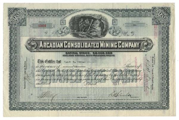 Arcadian Consolidated Mining Company: 1920, Michigan. Stock certificate for 10 shares. Light blue. Engraved vignette of miners at work. Printed by John A. Lowell Bank Note Co. Boston. Uncancelled and Extremely Fine.