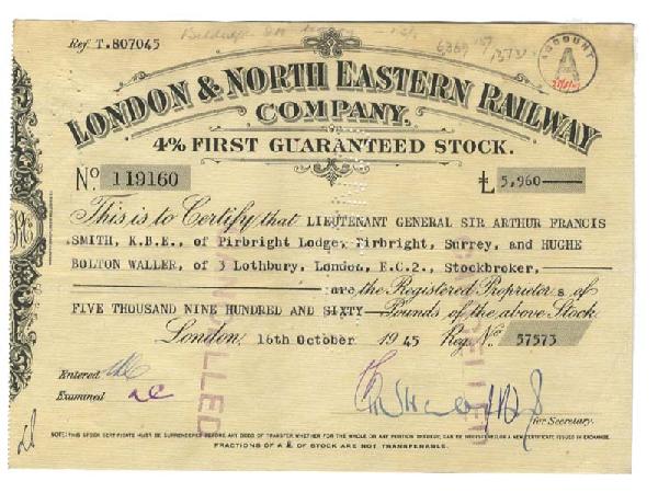 Issued to Lt. General Sir Arthur Francis Smith: 1945, London, England. 4% First Guaranteed Stock. Black on Yellow paper. Litho. Issued to Lieutenant General Sir Arthur Francis Smith. (1890 - 1977). Served in numerous commands during a lengthy milit