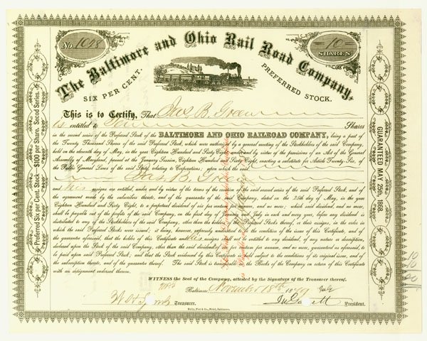 Baltimore & Ohio Rail Road Company: 1879, Ohio.Black. Stock certificate for 100 shares. Engraved vignette of early Tom Thumb locomotive at center. Punch cancelled. Very fine.