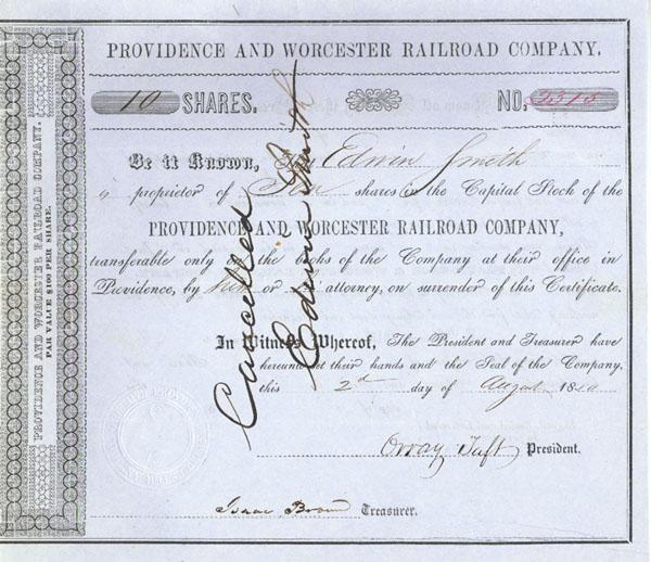 Providence & Worcester Railroad Company: 1850. Rhode Island. Stock certificate for ten shares. Black on blue paper. Pen cancelled. Very fine.