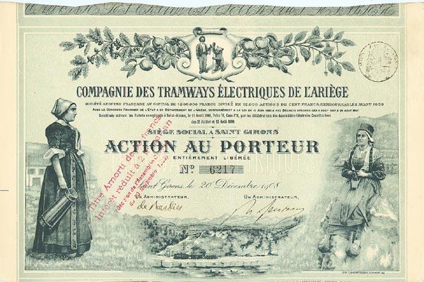Compagnie Des Tramways Electriques De L'Ariege S.: 1908, France. Stock certificate. Green on tan paper. Two large vignettes of pheasant women at left and right at lower corners, small train passing water with mountains in background at bottom center a