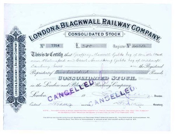 London & Blackwall Railway Company: 1922, London, England. Consolidated Stock. Stock certificate for 200 Pounds. Black. Litho. Few light pinholes at upper left. Stamp cancelled and Very Fine.