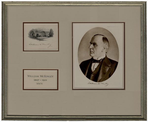 William McKinley Signed Executive Mansion Card: WILLIAM MCKINLEY (1843-1901) 25th President of the United States. Card bearing an engraved image of children playing on the White House lawn Signed, "William McKinley." 4 1/2" x 3 3/4" framed to 21" x
