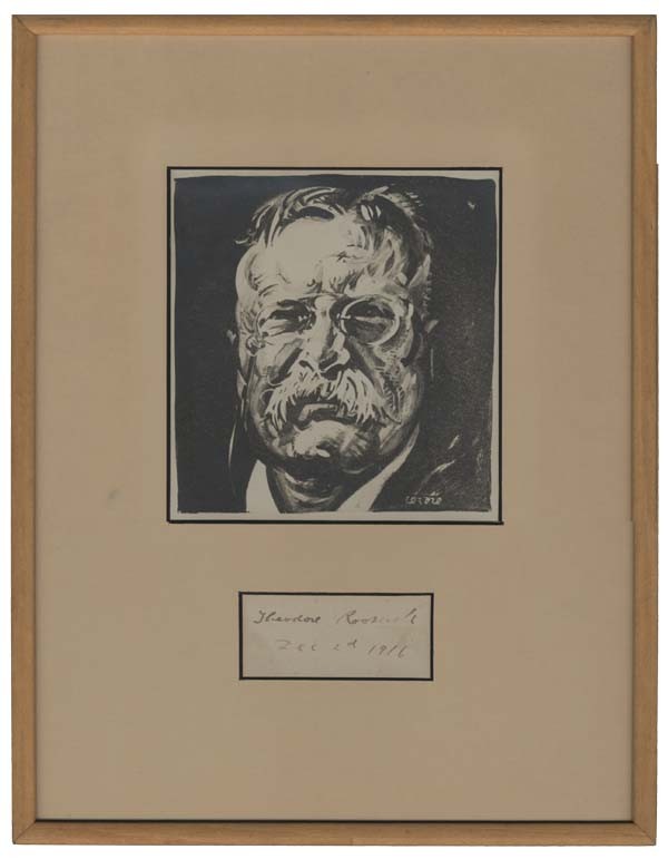 Theodore Roosevelt Signed Card: THEODORE ROOSEVELT (1858-1919) 26th President of the United States and the first American to be awarded the Nobel Peace Prize. His Signature: "Theodore Roosevelt Dec 2d 1916." 4 1/8" x 1 3/4" framed b