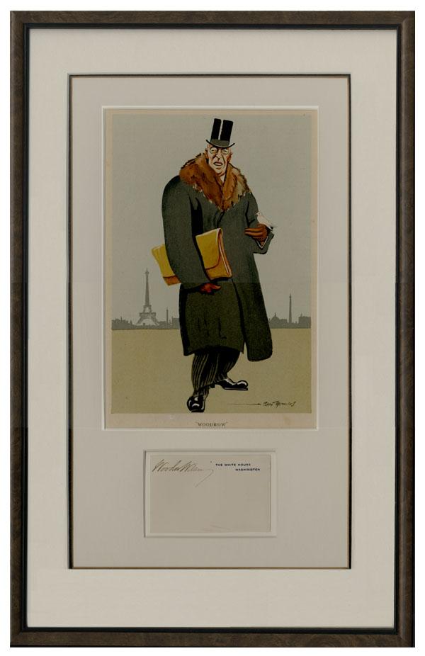 WHITE HOUSE CARD SIGNED BY WILSON: WOODROW WILSON (1856-1924) 28th President of the United States. White House card signed. Framed with a color illustration of Wilson to an overall dimension of 14 1/2" x 22". In excellent condition.