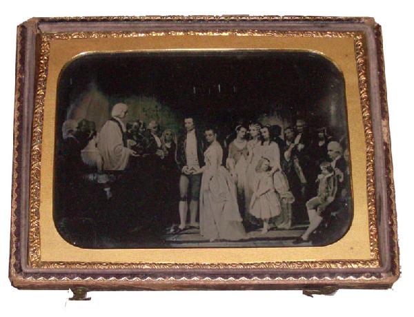 Ambrotype Of The Marriage Of Washington To Martha: 73) 1/2 plate Ambrotype of The Marriage of Washington to Martha Custis by Junius Brutus Stearns. 6 1/4" x 4 3/4" overall in a gilt and leather frame. The original painting from which this Ambrotype wa