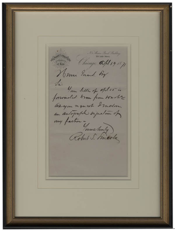 Robert Todd Lincoln Autograph Letter Signed: ROBERT TODD LINCOLN (1843-1926) American lawyer and Secretary of War. Lincoln was the first son of Abraham Lincoln. Autograph Letter Signed, "Robert T. Lincoln," on his name-imprinted legal stationery