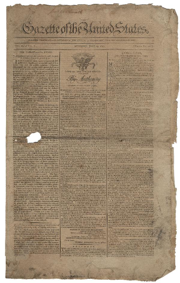 George Washington And The Hebrew Congregation : Gazette of the United States, June 19, 1790 New York: John Fenno. Four pages, 10 ¼" x 17". This edition contains "Washington's Letter to the Hebrew Congregation (Mickve Israel) of Savannah, Georgia" 