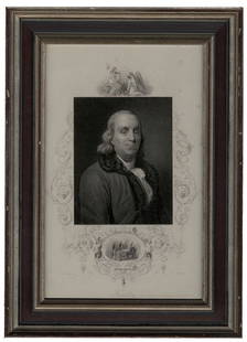 Benjamin Franklin Engraving Duplessis & Edwards: BENJAMIN FRANKLIN (1706-1790) Founding father, printer, political theorist, inventor, scientist and author. Steel engraving of Franklin. Smaller picture under portrait shows the signing of The