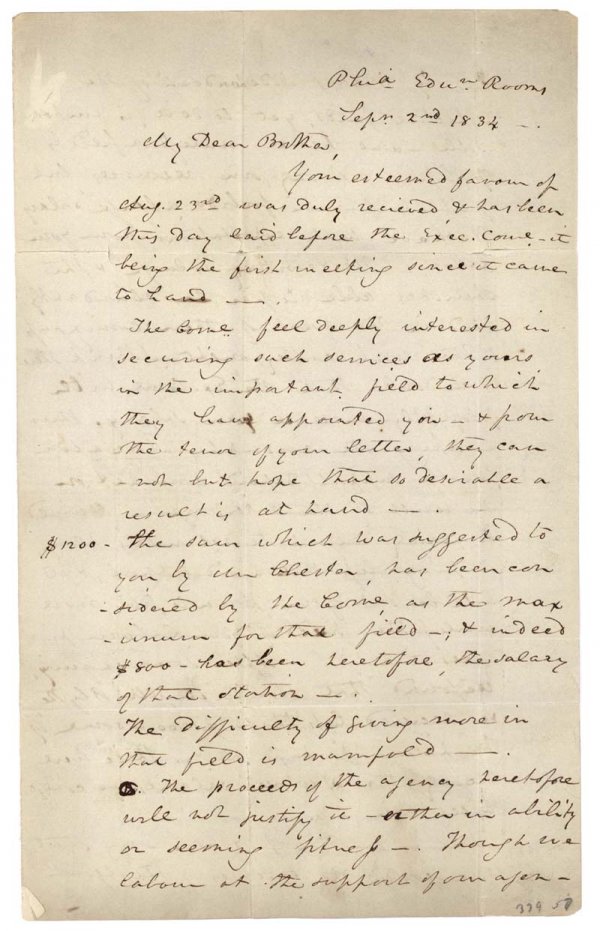 Leading Presbyterian Clergyman John Breckenridge: JOHN BRECKENRIDGE (1797- 1841). Presbyterian clergyman and controversialist. Autograph Letter Signed, "Jno. Breckenridge." Three pages, 7 ¾" x 12 ¾". September 2 ,1834. Philadelphia. Addressed on po