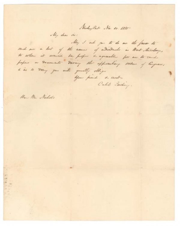 Caleb Cushing's First Congressional Term: CALEB CUSHING (1800-1879) American statesman and diplomat. Cushing served as a Congressman from Massachusetts and as Attorney General under President Pierce. Autograph Letter Signed, "Caleb Cushing." 