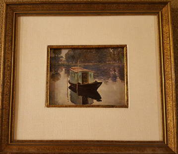 Prettily Framed Print of MONET'S The Studio Boat: CLAUDE MONET (French 1840-1926) Framed Print on Board with textured varnish finish. 5.5x4in/14x10cm 11.5x10in/29x26cm framed MONET painted The Studio Boat in 1874. Shortly