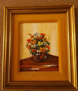 SIGNED Floral Still Life, Oil on Board: Beautiful impressionistic still life, with vibrant oil on board colors. Signed in the lower left corner, Marves?. Perfect size for a small stand on a side table or small space on the wall. 