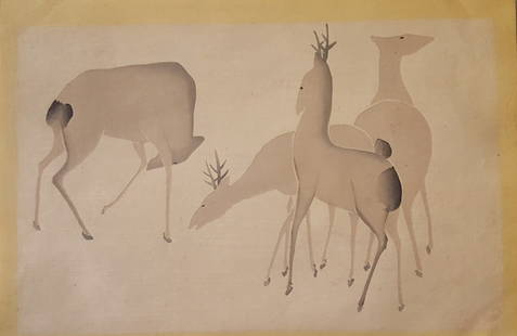 JAPANESE WOODBLOCK Print Four Deers after HOCHU: JAPANESE WOODBLOCK print Four Deers or Shika was produced by hand using the traditional style and materials by SHIMA Art Company during the early 20th century for import to America.