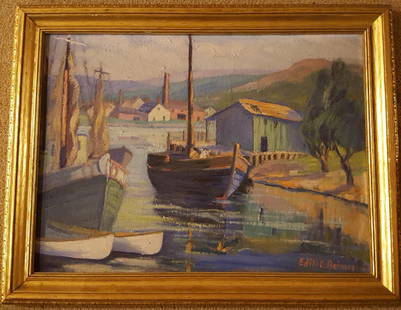 EDITH C. BEIMES Boats in the Harbor, Oil, Signed: BEIMES, EDITH CHIPPENDALE (American 1873-1962) spent most of her life in the St. Louis art community as an artist and teacher, Missouri; but the majority of her painting depicts life by the sea on