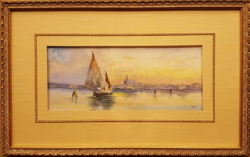 M. WEST signed Watercolor of Coastal Harbor: M. WEST Signed watercolor of Sailboats in a harbor with clam diggers throughout the scene. WEST captures the golden afternoon glow falling on a tranquil harbor 12.25x5.25in/31x13.5cm 