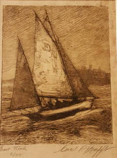 KRAFFT Signed Etching Boat at Sea "East Wind": CARL KRAFFT (American 1884-1938) Signed etching East Wind, no. 2 of 50. A dynamic rendition of an International One Design (IC) heeled on the water. Very desirable early 20th century Midwestern Region