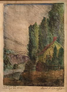 CARL KRAFFT Signed Hand-color Etching: CARL KRAFFT (American 1884-1938) Hand-colored Etching Cottage on Hill, no. 14 of 60. The color is still very strong with little to no fading. Very desirable early 20th century Midwestern Regionalist