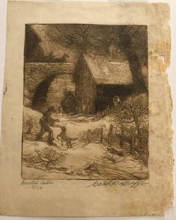 CARL KRAFFT Signed Etching of Cabin: CARL KRAFFT (American 1884-1938) Signed etching Deserted Cabin, no. 5 of 50. This not so deserted scene captures a man and his dog playing near the cabin. Very desirable early 20th century Midwestern