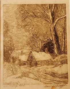 CARL KRAFFT Signed Etching Village Road: CARL KRAFFT Signed Etching Village RoadCARL KRAFFT (American 1884-1938) Signature and thumbprint on Village Road, no. 13 of 50. A snow-covered lane and cabin beautifully detailed. Very desirable early