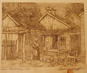 CARL KRAFFT Signed Etching Her Paradise: CARL KRAFFT (American 1884-1938) Signature and thumbprint on Her Paradise, no. 13 of 50. Sweet country home scene. Very desirable early 20th century Midwestern Regionalist Artist, KRAFFT is known as