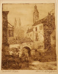 CARL KRAFFT Signed Etching Market Place: CARL KRAFFT (American 1884-1938) Signed Market Place. A rare European subject for Krafft, bringing his expert eye to a quaint European market. Very desirable early 20th century Midwestern Regionalist