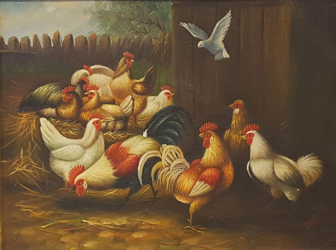 EDGAR HUNT Farmyard Scene Oil on Canvas: EDGAR HUNT (English 1876-1955) Farmyard Scene Oil on Canvas 12" x 16" (30.5cm x 40.6cm) 21" x 25" (53.3cm x 63.5cm) EDGAR HUNT was born in Birmingham, the third generation in the Hunt family to beco