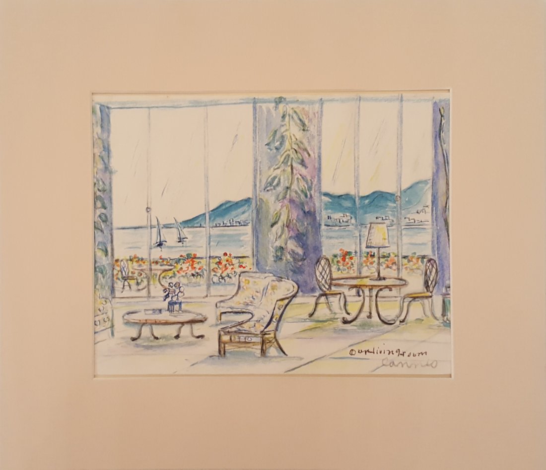 Ex-Pat LEAH HAMMEL Sketch "Our Living Room" Cannes: LEAH HAMMEL (American 20th Century) 6" x 8.5" (15cm x 21.5cm) HAMMEL lived and traveled through Europe and documented her experiences with watercolor and an extensive sketchbook.