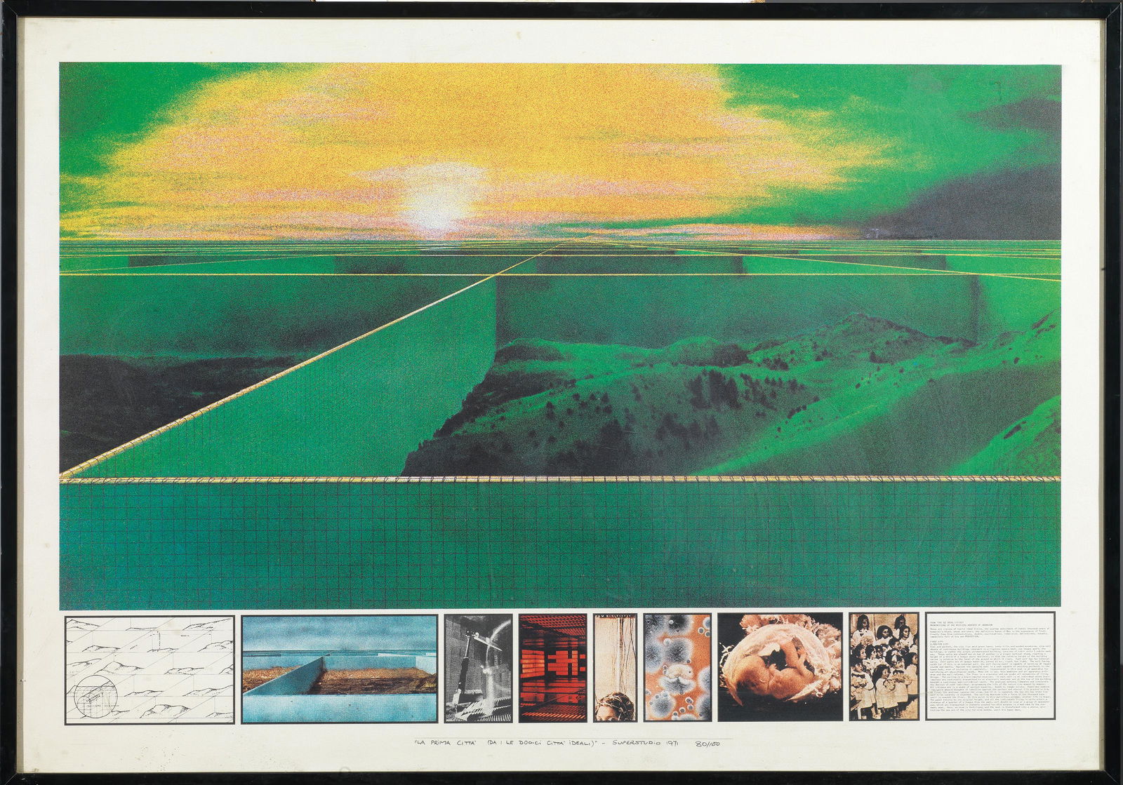 Superstudio LA PRIMA CITTÀ (DA: LE DODICI: Superstudio LA PRIMA CITTÀ (DA: LE DODICI CITTÀ IDEALI) litografia su carta, esemplare 80/100, mm 1000x700 Edizione Multirevol, Milano datata 1971 «LA PRIMA CITTÀ (DA
