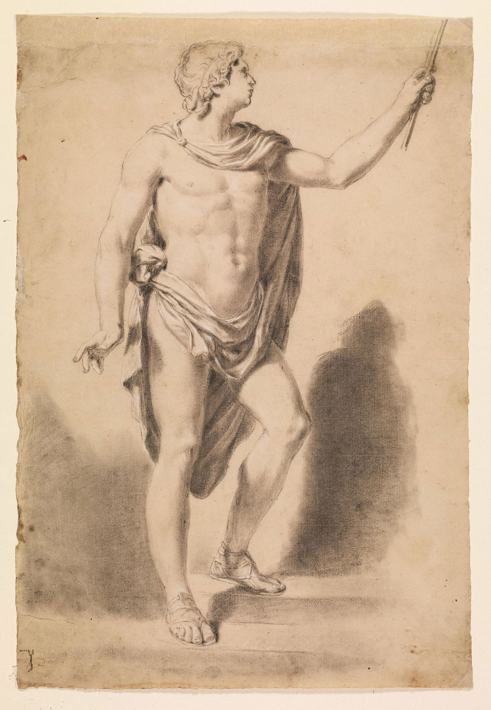 Pietro Fancelli (Bologna, 1765 - 1850) STUDIO DI FIGURA: Pietro Fancelli (Bologna, 1765 - 1850) STUDIO DI FIGURA DRAPPEGGIATA pietra nera, gesso bianco, carta vergellata filigranata, mm 470X317 STUDY OF A DRAPED NUDE black and white chalk, watermarke