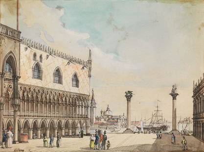 Vincenzo Chilone (Venezia,1758 – 1839) VEDUTA DI: Vincenzo Chilone (Venezia,1758 – 1839) VEDUTA DI CANAL GRANDE DA PIAZZA SAN MARCO penna e inchiostro, pennello e acquarello colorato su carta, mm 165x230 firmato "Chilone" in basso a s