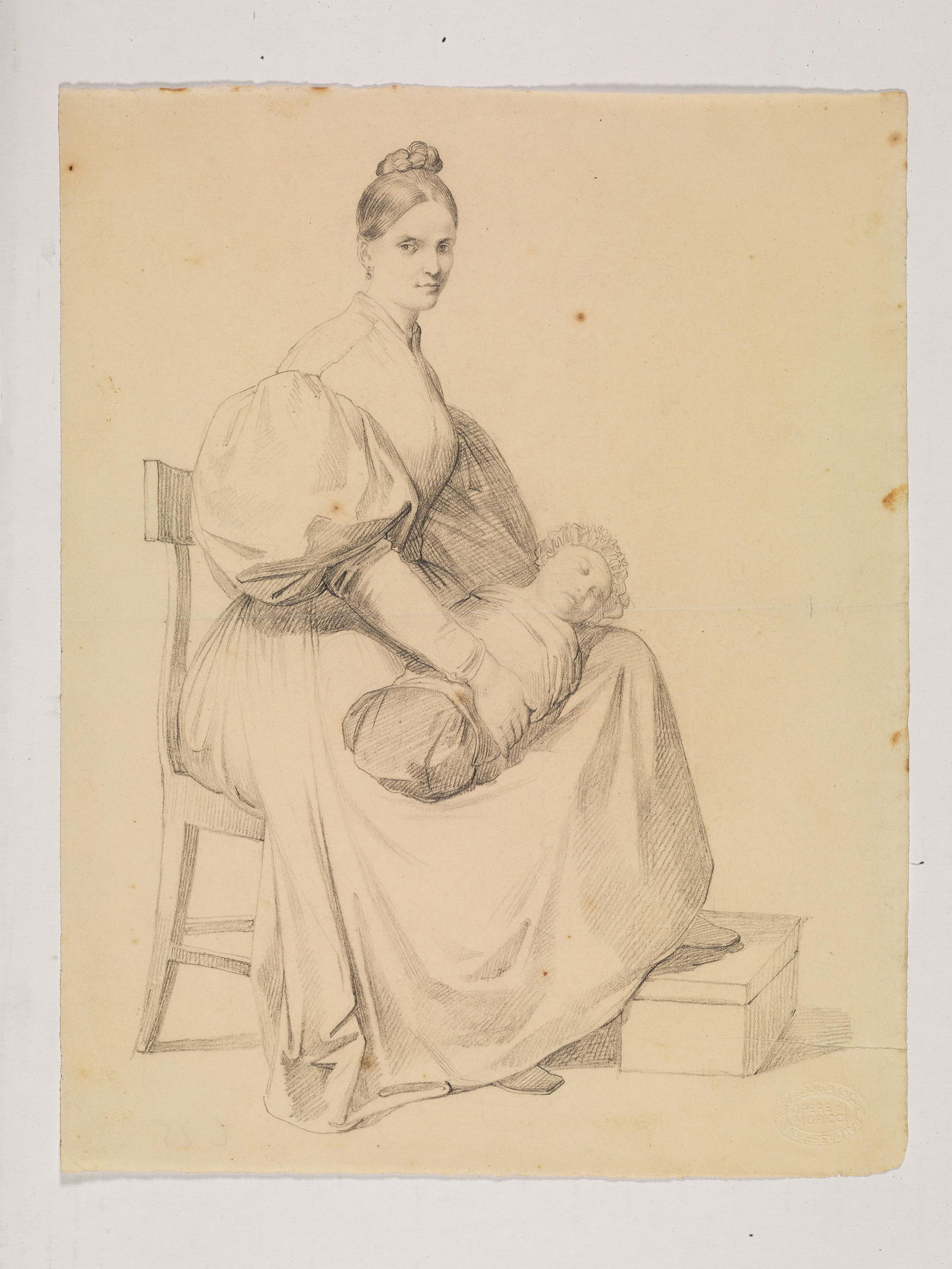 Giuseppe Moricci (Firenze,1806 – 1879) DONNA CON: Giuseppe Moricci (Firenze,1806 – 1879) DONNA CON BIMBO grafite su carta filigranata, mm 264x208 A WOMAN WITH A CHILD pencil on watermarked paper, mm 264x208 Provenienza Firenze, co
