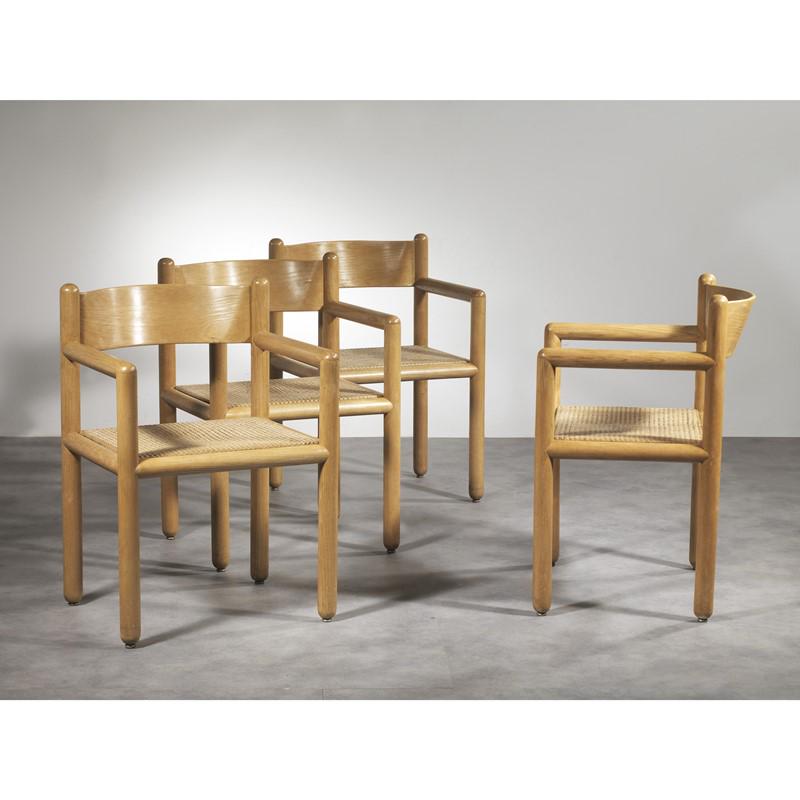 Lella e Massimo Vignelli, David Law, Joshua Scharf FOUR «ACORN» CHAIRS, WOODEN: Lella e Massimo Vignelli, David Law, Joshua Scharf FOUR Â«ACORNÂ» CHAIRS, WOODEN STRUCTURE, VIENNA STRAW SEAT QUATTRO SEDIE MODELLO ACORN struttura in legno con braccioli, seduta in paglia di Vien
