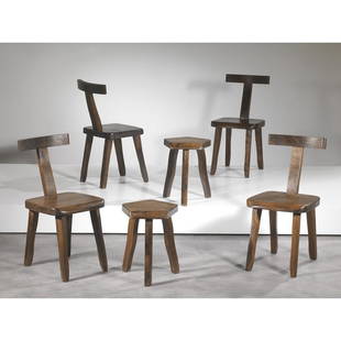 Olavi Hanninen (Lapinlahti, 1920 - Espoo, 1992) FOUR WOODEN CHAIRS AND TWO WOODEN STOOLS: Olavi Hanninen (Lapinlahti, 1920 - Espoo, 1992) FOUR WOODEN CHAIRS AND TWO WOODEN STOOLS QUATTRO SEDIE E DUE SGABELLI in legno Produzione Mikko Nupponen, Finlandia, 1955 circa cm 80x37x40 cm 45,5x33x3