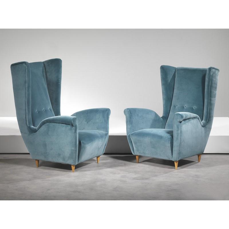 A PAIR OF HIM AND HER ARMCHAIRS, WOODEN STRUCTURE, BLUE FABRIC UPHOLSTERY   COPPIA DI POLTRONE (1 of 1)