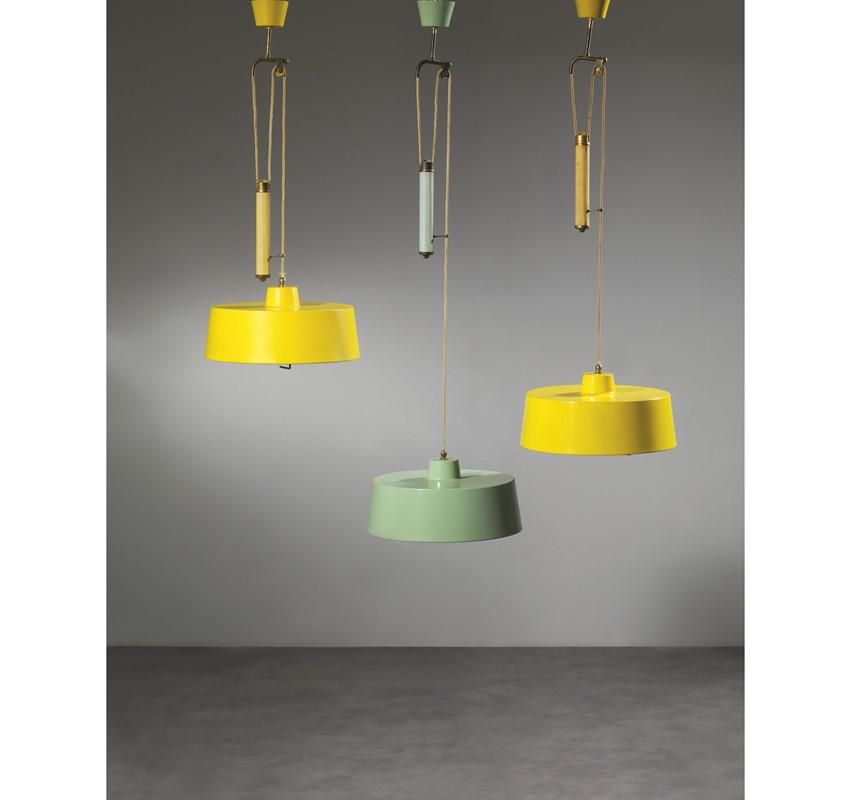 Stilnovo   THREE HANGING LAMPS, GREEN AND YELLOW ENAMELED METAL   TRE LAMPADE A (1 of 2)