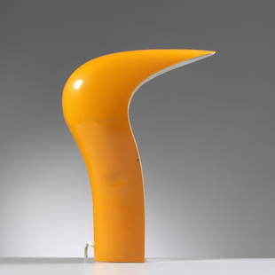 STUDIO DA Cesare Casati e (Milano, 1936) Emanuele Ponzio (1923 - 2015) «PELOTA»: STUDIO DA Cesare Casati e (Milano, 1936) Emanuele Ponzio (1923 - 2015) «PELOTA» TABLE LAMP, ORANGE AND CHROMED PLASTIC MATERIAL LAMPADA DA TAVOLO MODELLO PELOTA in materiale