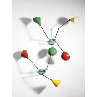 Lapo Binazzi (Firenze 1943) TWO APPLIQUES, LACQUERED METAL STRUCTURE: DUE APPLIQUES in metallo verniciato nei toni del rosso, giallo, azzurro e verdeProduzione Firenze, Italia, 1978cm H80XL65xP30 cad. Autentica dell’artista