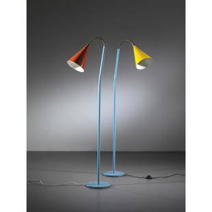 Lapo Binazzi (Firenze 1943) TWO FLOOR LAMPS, ENAMLED METAL STRUCTURE: DUE LAMPADE DA TERRAin metallo verniciato nei toni dell’azzurro e rispettivamente del giallo e del rossoProduzione Firenze, Italia, 1978diam. cm 24 e alt. cm 150 Autentica dell’artistaBibliografia