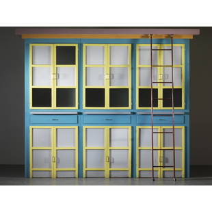 Lapo Binazzi (Firenze 1943) ENAMELED WOOD BOOKCASE: LIBRERIAin legno smaltato nei toni dell’azzurro, rosa, giallo e arancioProduzione Firenze, Italia, 1978cm H270xL330xP60Autentica dell’artista